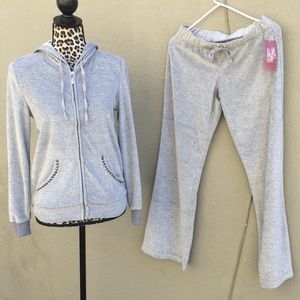 Gray Velour Track Suit Studded Hoodie + Sweatpants